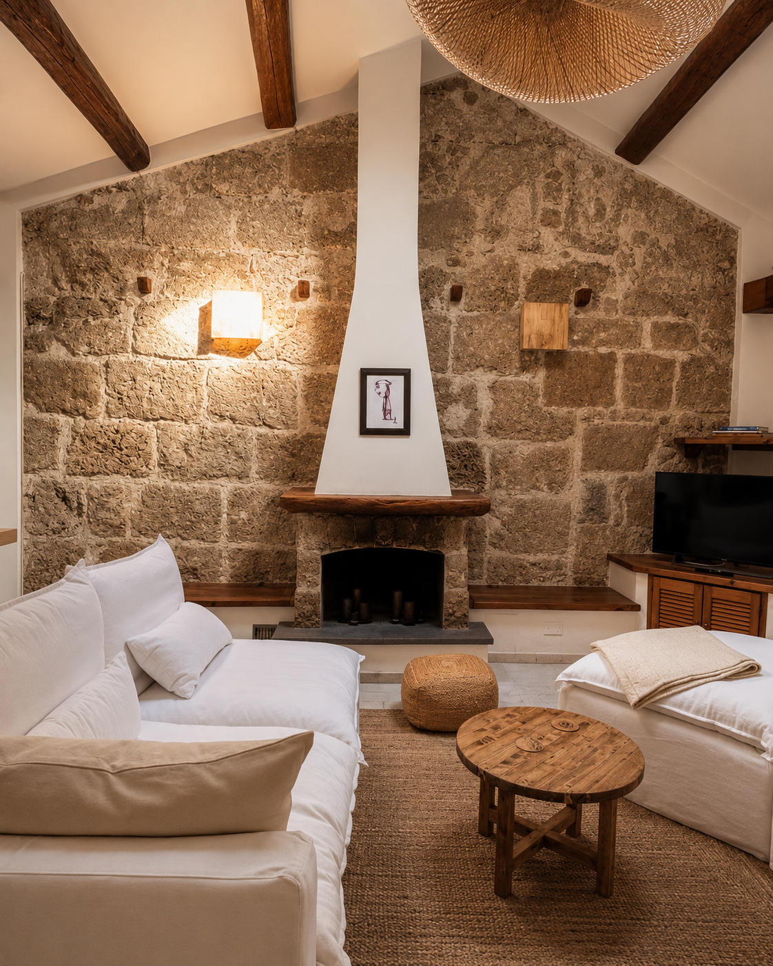 Stone fireplace and exposed wall inside Dimora Ardoino